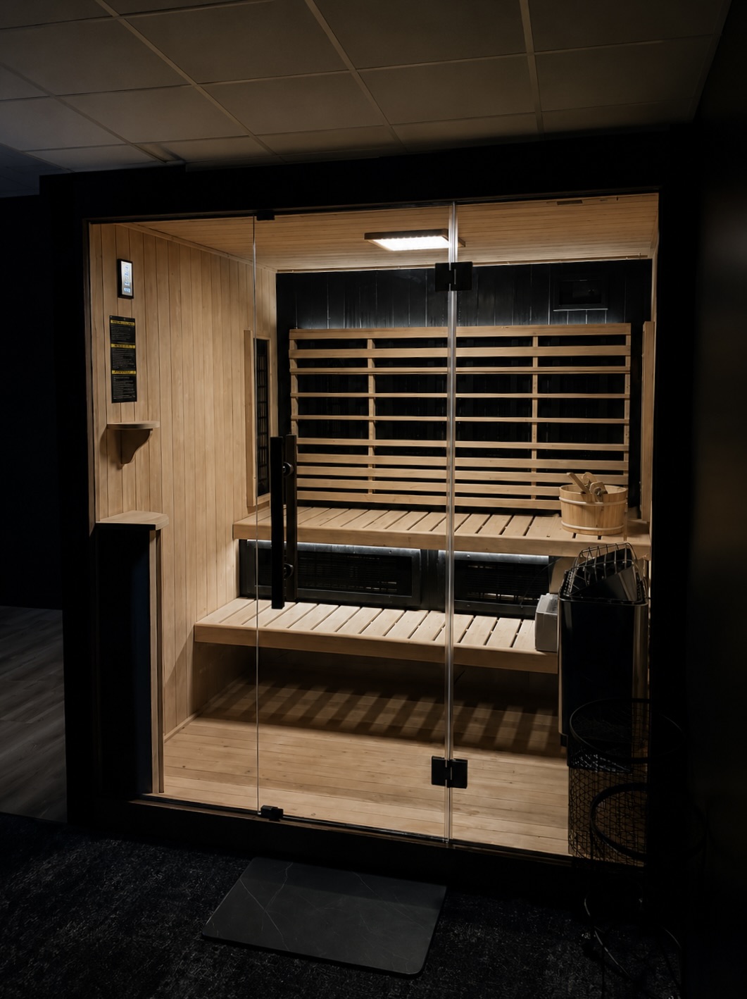 Interior of the Radia IR 300 hybrid infrared/traditional sauna cabin at Defiant Health in Lisle, IL