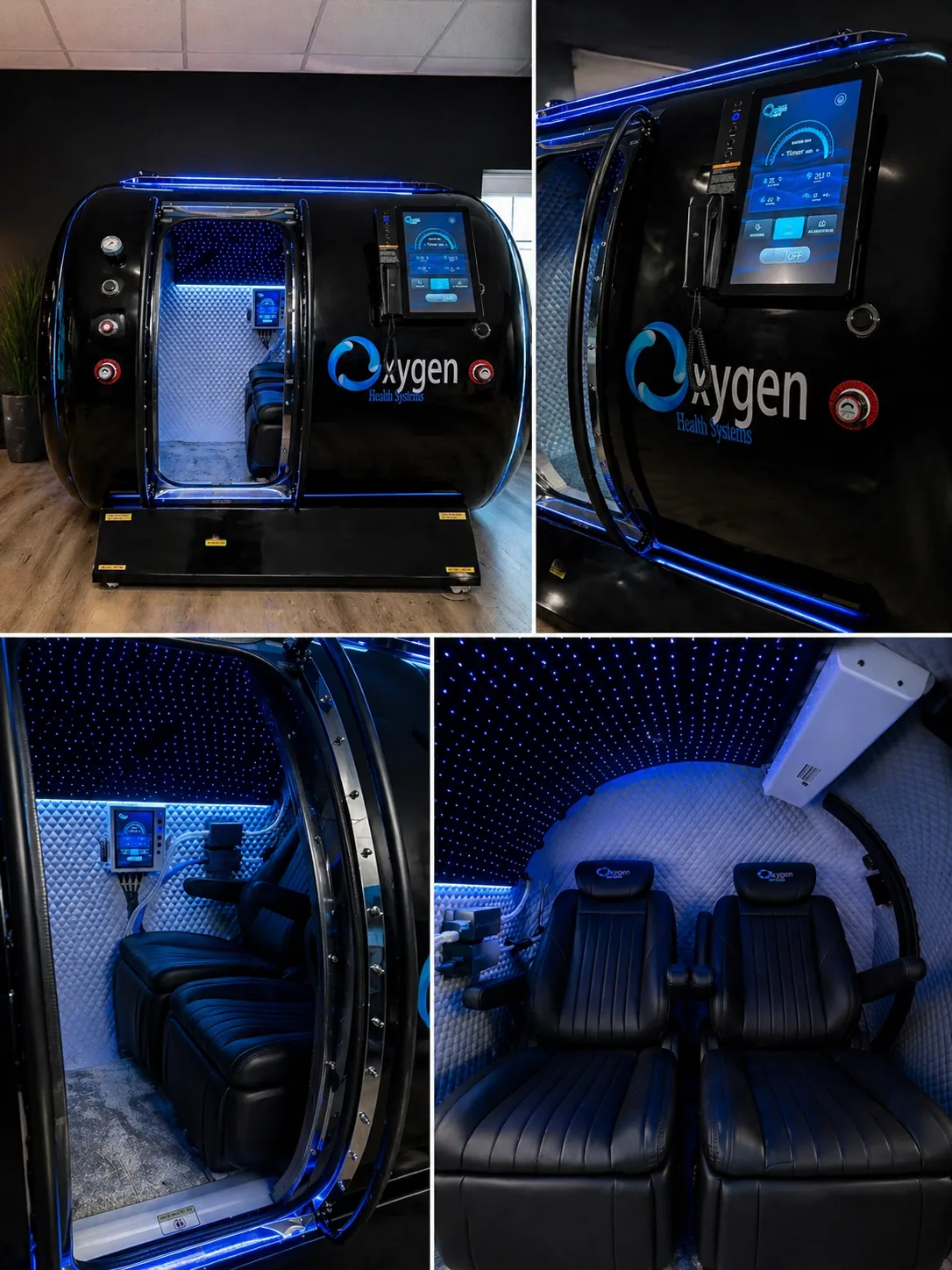 The OxyHealth hard-shell hyperbaric oxygen chamber at Defiant Health in Lisle, IL, shown from outside and inside with two leather seats under a blue LED-lit ceiling